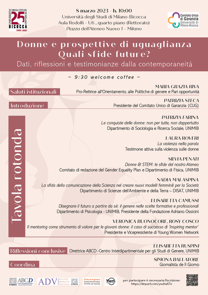Locandina per l'incontro dell'8 marzo 2023 presso l'Università degli studi Milano Bicocca