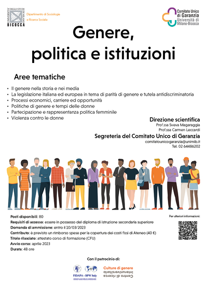 Locandina per il corso di 'Genere, politica e istituzioni' presso l'Università degli studi Milano Bicocca